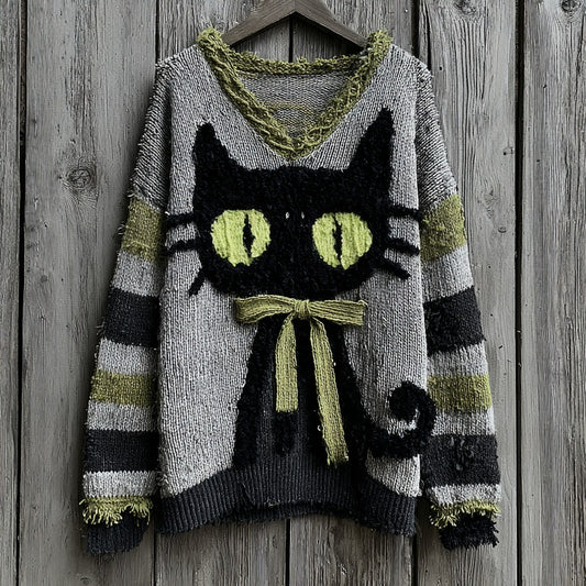 Comstylish Halloween Black Cat Striped Knit V-neck Sweater