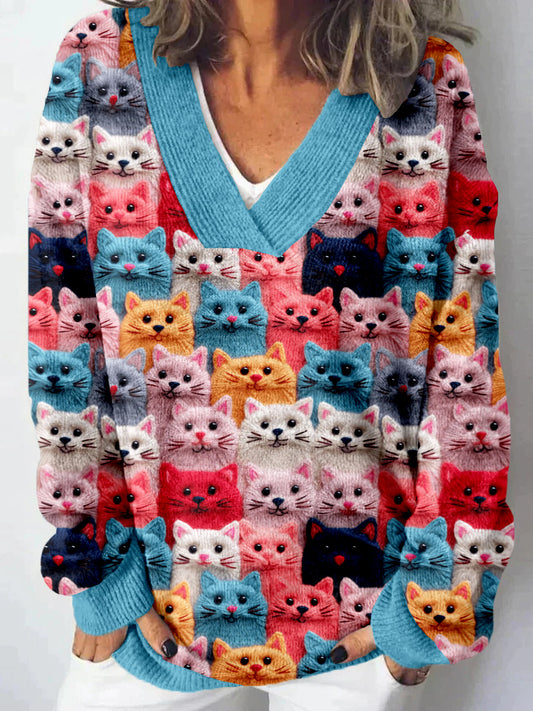 Comstylish Colorful Cute Cats Embroidered Cozy Knit Sweater