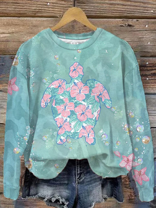 Comstylish Women's Hawaii Hibiscus Sea Turtle Printed Sweatshirt