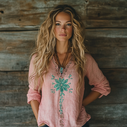 Comstylish Boho Floral Tribal Embroidery Print Cotton And Linen Blend Loose Blouse