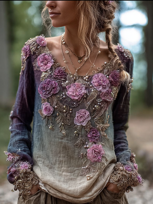 Comstylish Bohemian Style Round Neck Long Sleeve 3d Purple Flower Design Cotton And Linen Top For Women