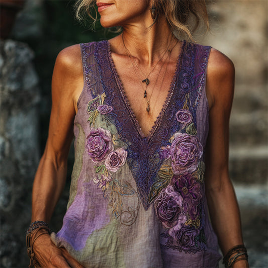 Vintage Glitter Purple Roses Embroidered Linen Tank Top artswardrobe