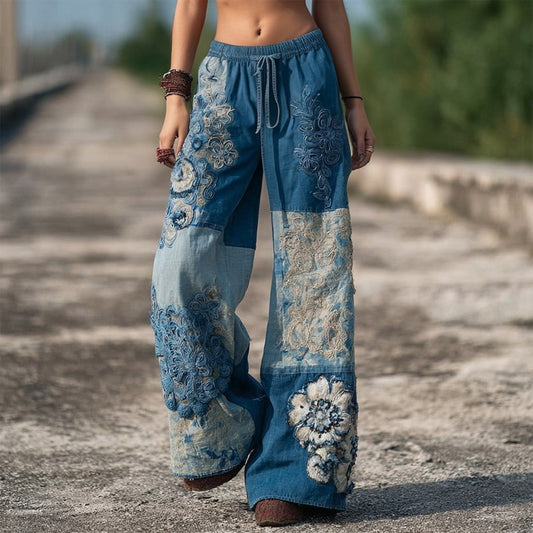 Comstylish Boho Floral Embroidered Patchwork Cozy Linen Pants