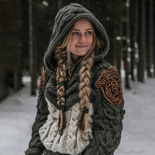Women's Vintage Celtic Knot Knit Color Block Cozy Hooded Sweater elevenforest