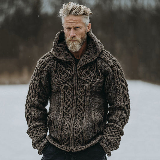 Men's Vintage Celtic Knot Jacquard Zipper Hooded Aran Sweater elevenforest