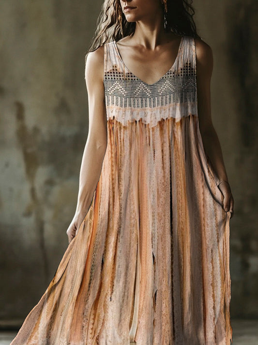Boho Vintage Lace Fringe Women's Linen Vest Maxi Dress artswardrobe