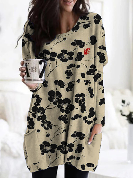 Comstylish Cherry Blossom Japanese Lino Art Cozy Tunic