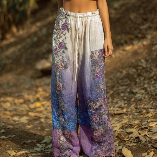 Vintage Purple Roses Embroidered Patchwork Linen Trousers artswardrobe