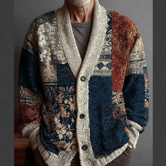 Japanese Art Style Geometric Color Blocks And Plant Flower Patterns Men's Retro Cardigan Sweater Jacket artswardrobe