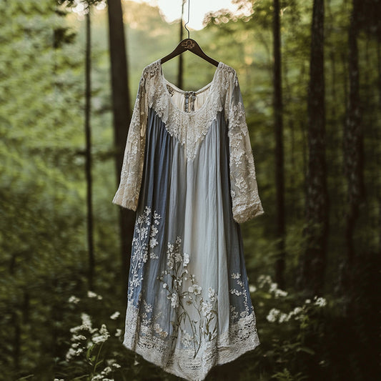 Floral Embroidered Pattern Linen Contrast Color Maxi Dress artswardrobe