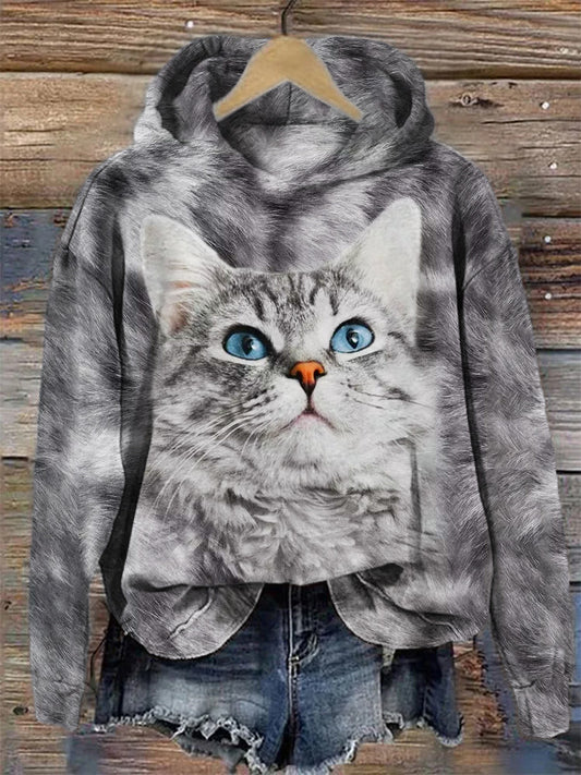 Cute Gray Cat Print Women's Hooded Sweatshirt elevenforest