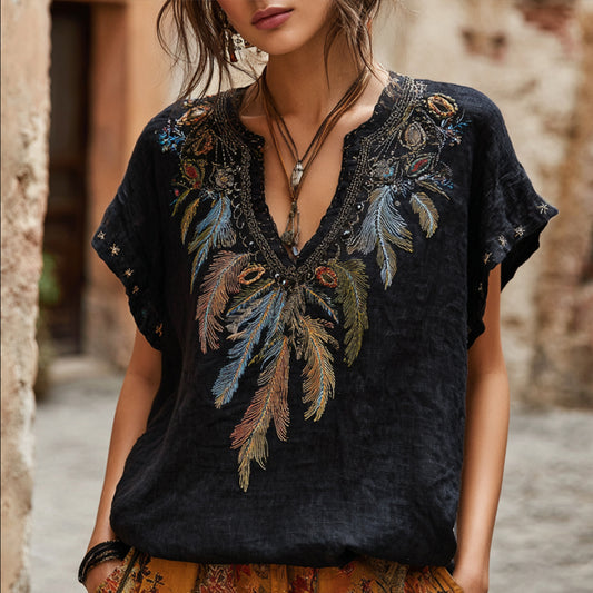 Western-style Colorful Feather Gemstone Element Vintage V-neck Linen Short-sleeved Shirt artswardrobe