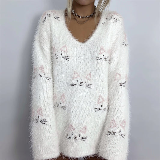 Comstylish Lovely Cat Faces Embroidered Cozy Fuzzy Sweater