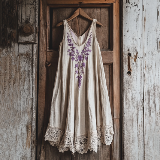 Boho Lavender Embroidered Pattern Lace Linen Dress artswardrobe