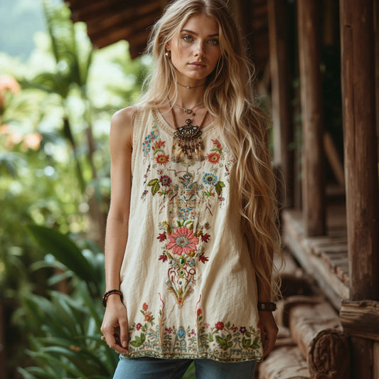 Women's Bohemian Vintage Floral Embroidery Art Tank Top artswardrobe