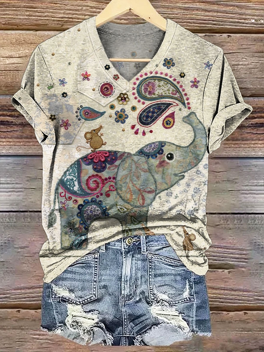 Women's Cute Elephant Art Print Casual V-Neck Cotton T-Shirt