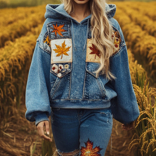 Comstylish Autumn Fashion Maple Leaf Embroidered Denim Print Hoodie