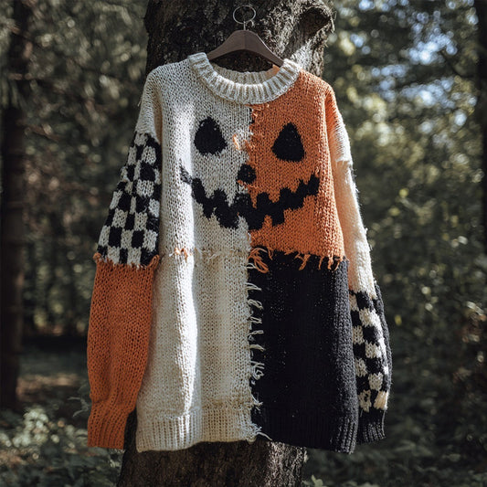 Halloween Pumpkin Face Patchwork Cozy Knit Sweater elevenforest