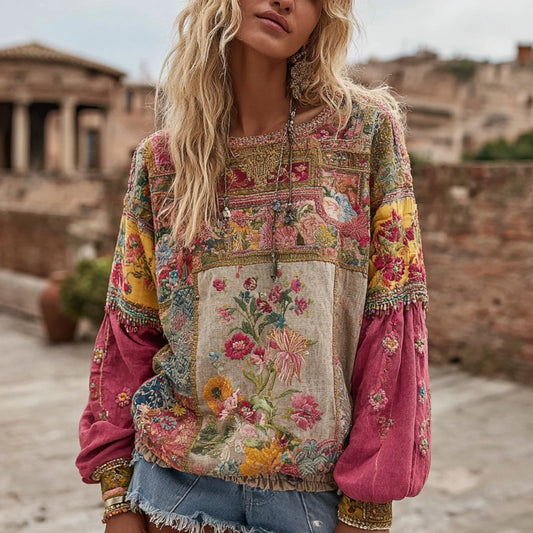 Comstylish Women's Vintage Bohemian Floral Embroidery Patchwork Art Round Neck Long Sleeve Linen Blend T-shirt