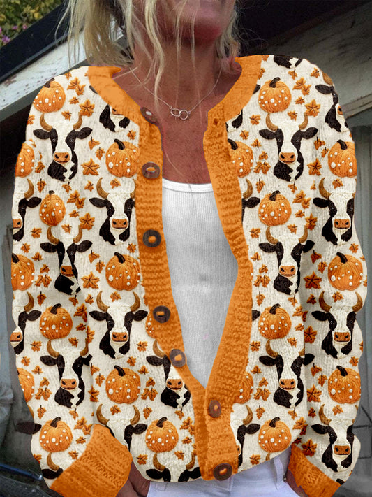 Fall Cows And Pumpkins Embroidered Cozy Knit Cardigan artswardrobe