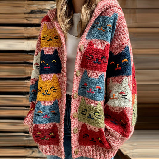 Women's Colorful Cats Pattern Cozy Hooded Cardigan elevenforest