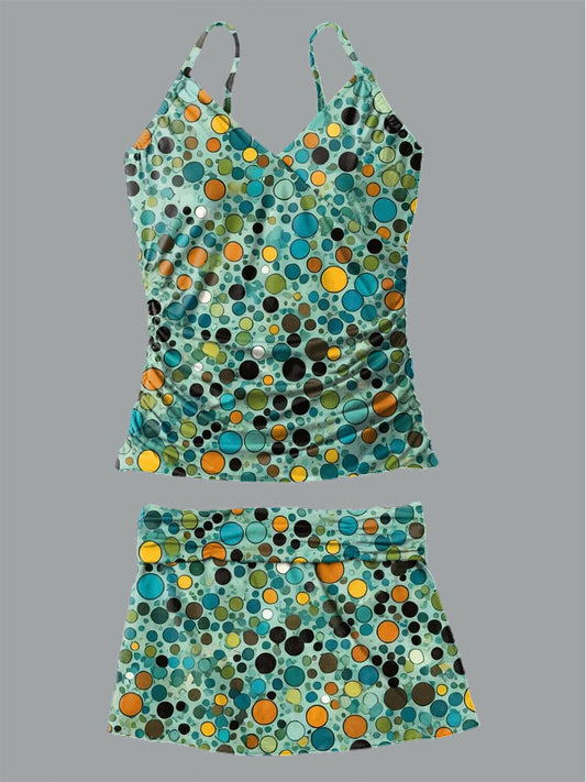 V-Neck Vintage Polka Dot Art Print Suspender Skirt Tankini Pantskirt Set Swimsuit