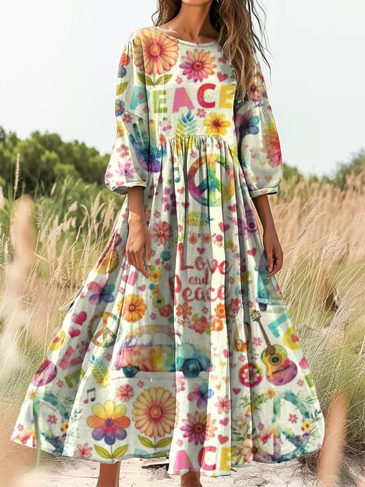 Women's Hippie Peace Love Art Print Flowy Cotton Crew Neck Dress