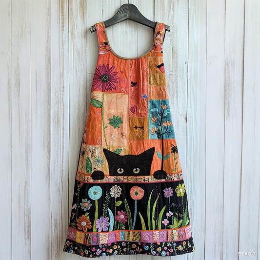 Comstylish Vintage Abstract Creative Cute Cat In Floral Art Embroidered Cozy Linen Midi Dress