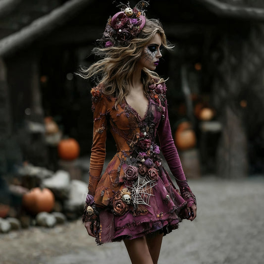 Comstylish Women's Halloween Rose Skull Patchwork Witch Midi Dress