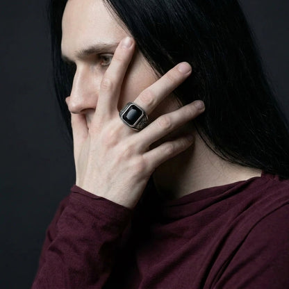 Signet Ring with Black Gemstone and Engraved Symbol