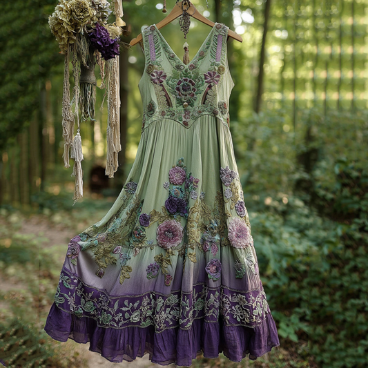 Classy Gradient Purple Lavender And Floral Embroidered Linen Tank Dress artswardrobe