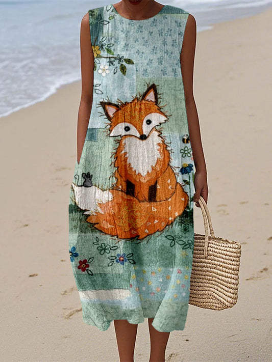 Cute Fox Patchwork Art Linen Tank Dress artswardrobe