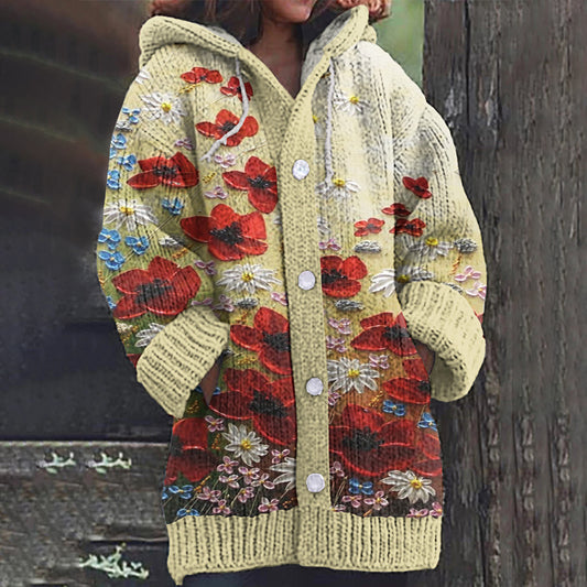 Floral Oil Painting Art Embroidery Cozy Hooded Cardigan artswardrobe