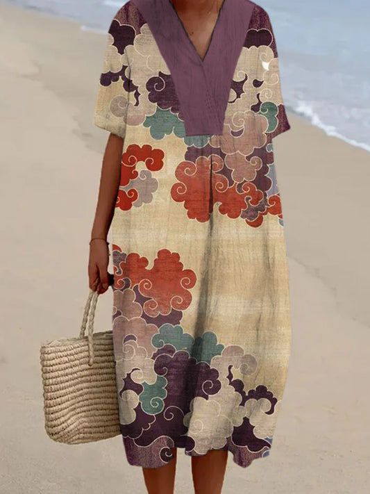 Comstylish Vintage Colorful Cloud Pattern Women's Linen Maxi Dress
