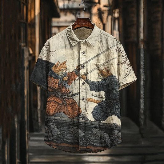 Men's Warrior Cats Fighting On The Rooftop Art Casual Short Sleeve Shirts elevenforest