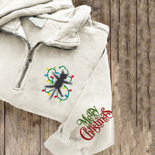 Comstylish Christmas Lights And Cat Embroidered Casual Sweatshirt
