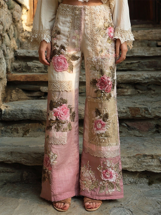 Boho Vintage Floral Lace Patchwork Art Women's Linen Trousers artswardrobe