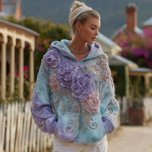 Women's Retro Purple Rose Gradient Pattern Casual Hoodie artswardrobe
