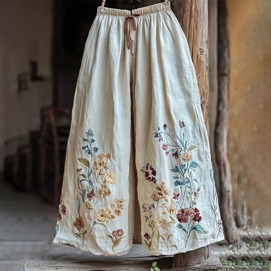 Vintage Floral Embroidered Art Comfy Linen Pants artswardrobe
