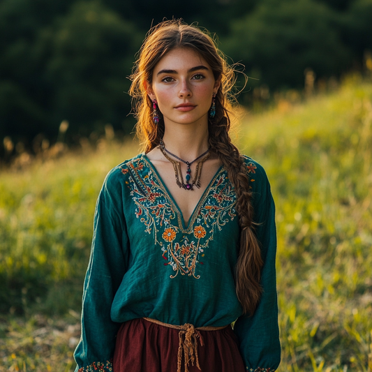 Boho Floral Embroidery Art Linen Blend V-neck Blouse artswardrobe