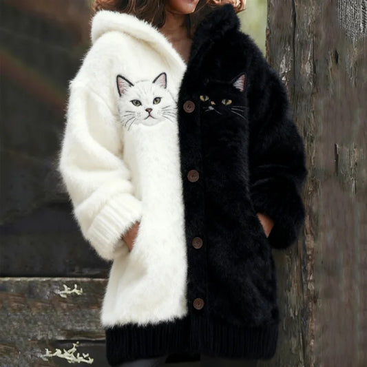 Comstylish Black And White Magic Kitten Hooded Cardigan Sweater