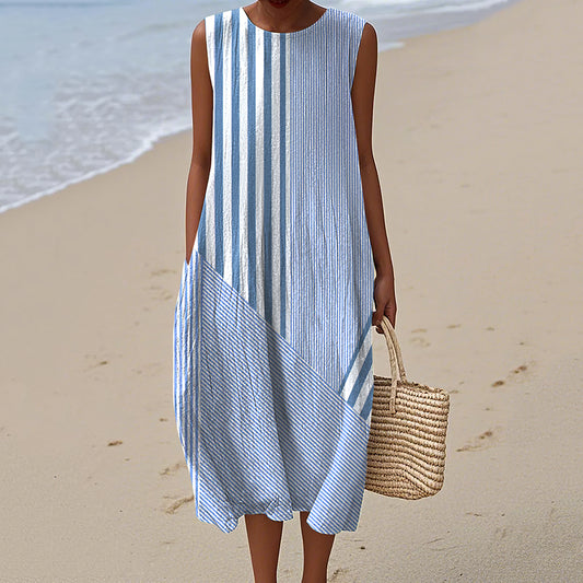 Retro Stripes Pattern Comfy Linen Tank Dress artswardrobe