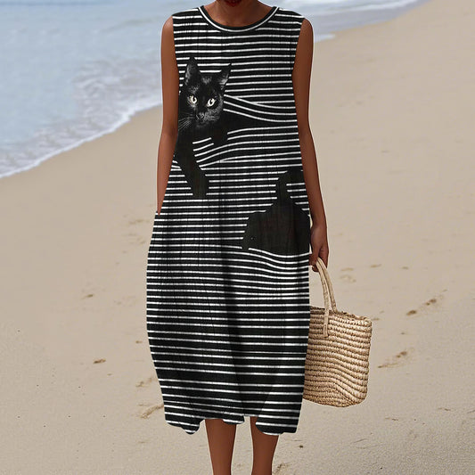 Cute Black Cat Stripe Art Pattern Linen Tank Dress artswardrobe