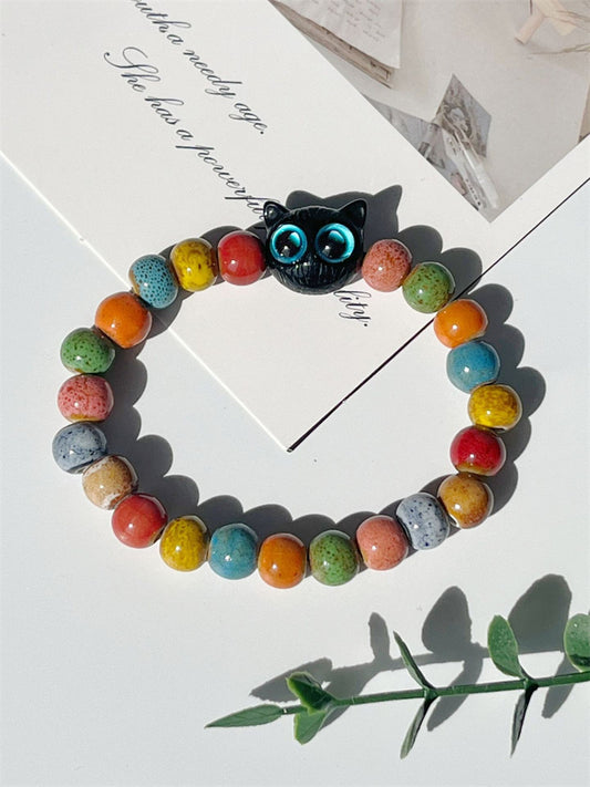 Comstylish Black Cat Colorful Ceramic Beaded Bracelet