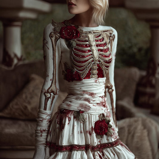 Comstylish Women's Halloween Skeleton Rose Bandage Shattered Dress
