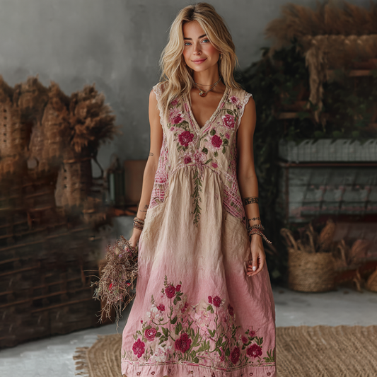 Classy Gradient Pink Roses Embroidered Linen Maxi Dress artswardrobe