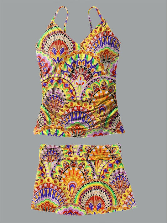Women's Bohemian V-Neck Print Suspender Skirt Tankini Pantskirt Set Swimsuit