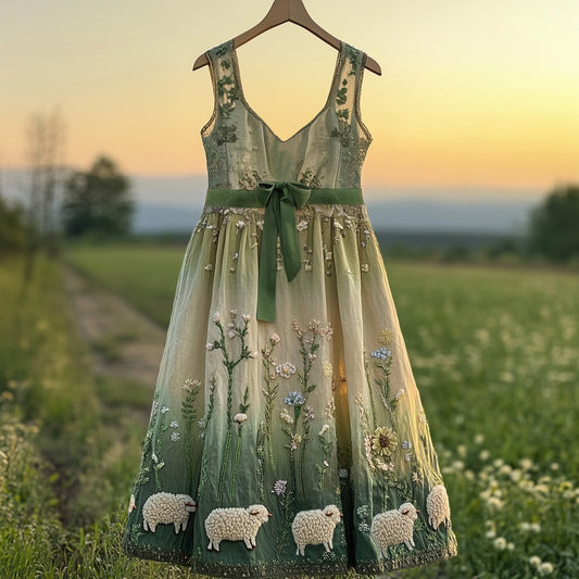 Women's Vintage Sheep And Grass Design Mini Dress artswardrobe