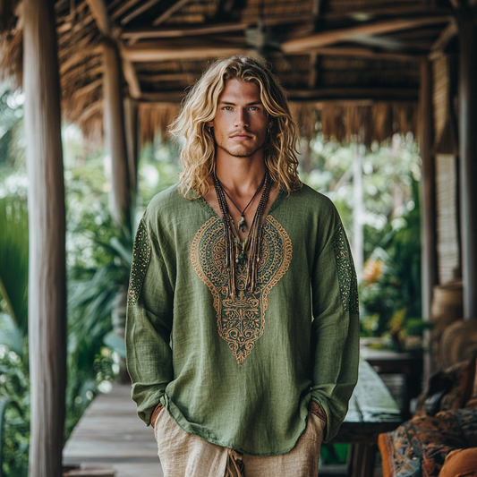 Men's Bohemian Holiday Style Linen Printed Casual Long Sleeve Tops artswardrobe