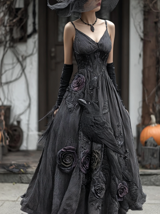 Comstylish Halloween Dark Crow Witch Design Women Cotton And Linen Dress
